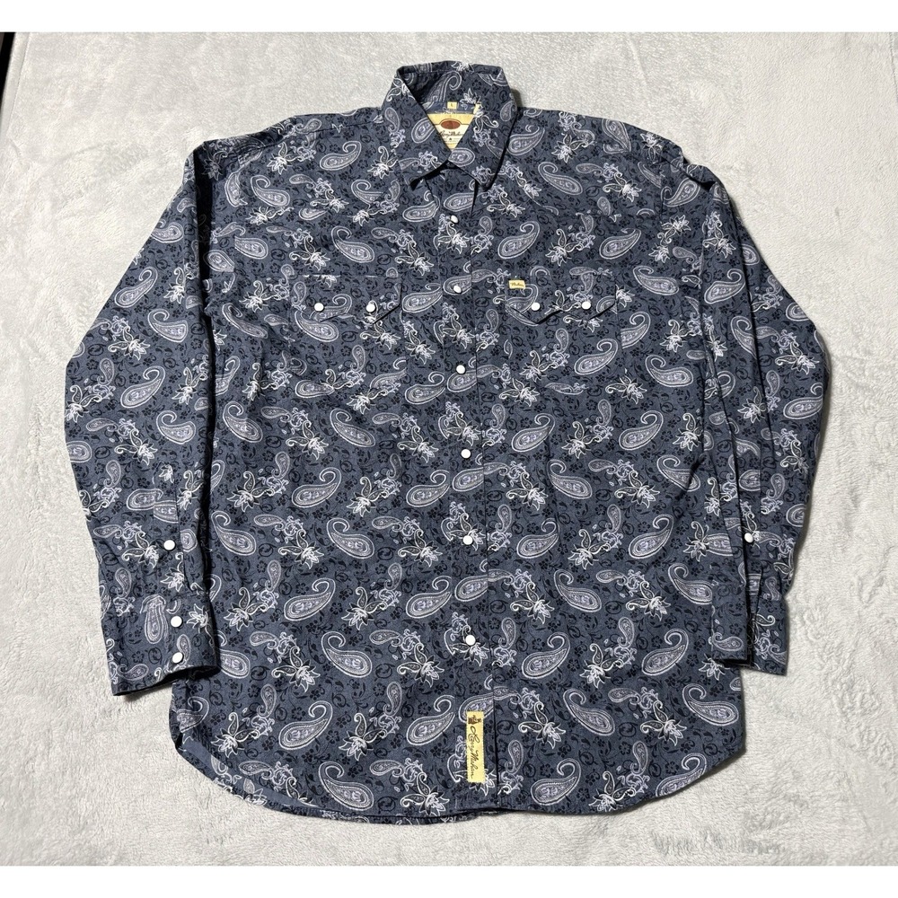 Larry‎ Mahan Western Pearl Snap Long Sleeve Blue Paisley Rodeo Shirt Mens Large